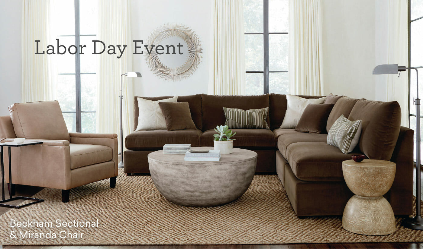 Bassett furniture in a living room and promotional text that reads Labor Day Event.