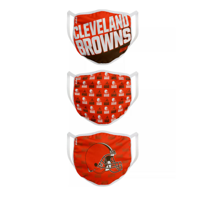 Three Cleveland Browns themed face coverings.