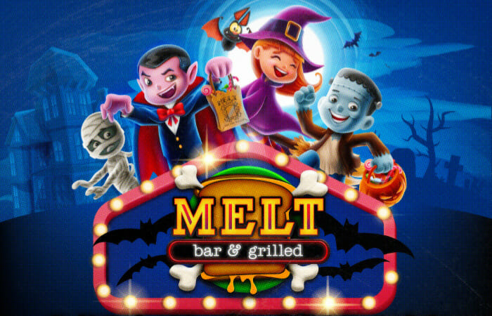 Kid cartoon characters in holloween costumes with the Melt bar & grilled logo.