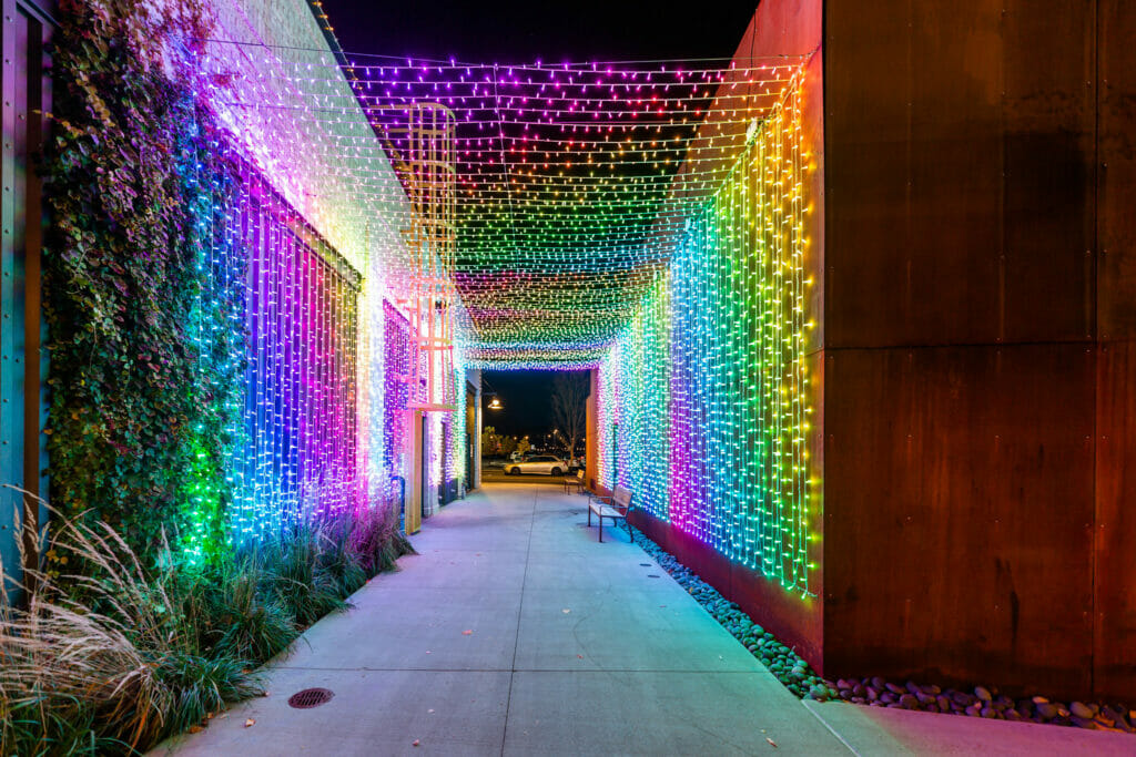 The rainbow colored light-up tunnel in Easton's New District