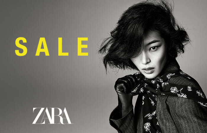 A model wearing Zara clothing and promotional copy that reads SALE with the Zara logo.