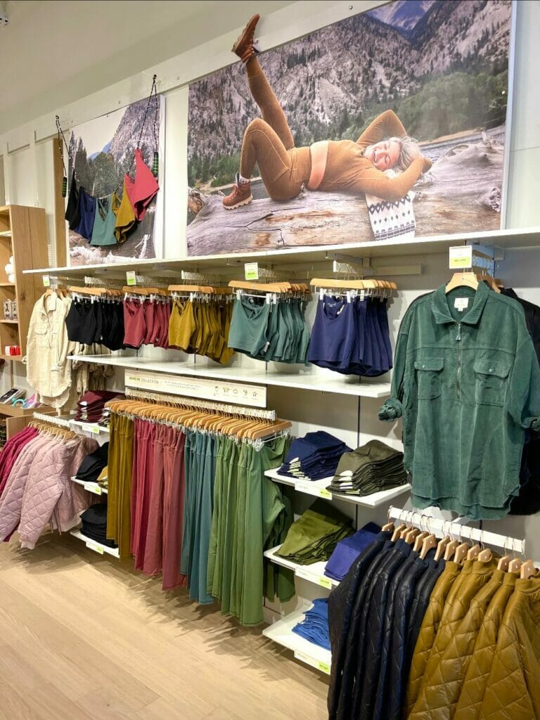 Leggings and bras displayed in-store.