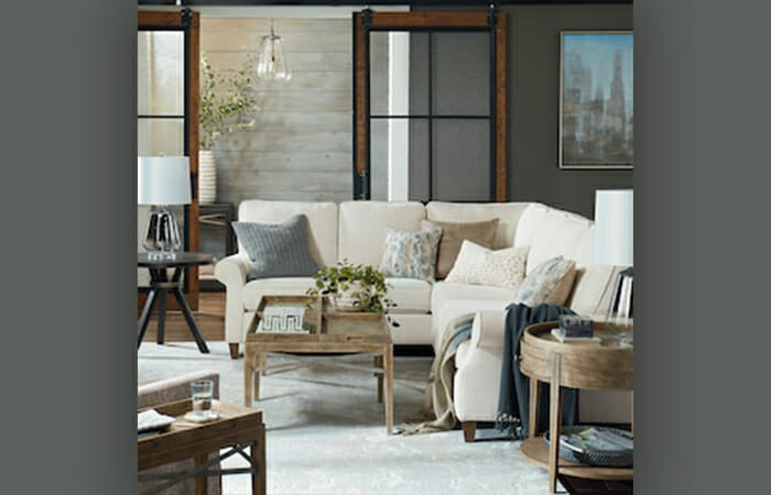 A living room set up with Bassett furniture.