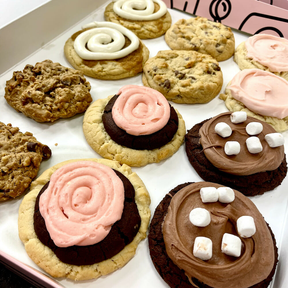 A box of assorted Crumbl Cookies  from the Crumbl Cookies store at Easton Town Center.