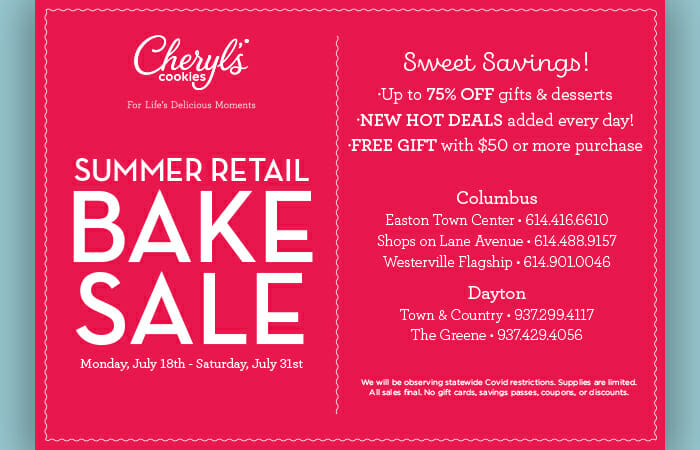 Bake Sale information for Cheryl's. See store for details.