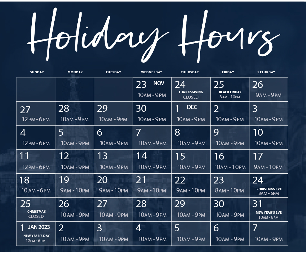 2022 Easton Holiday Hours calendar.