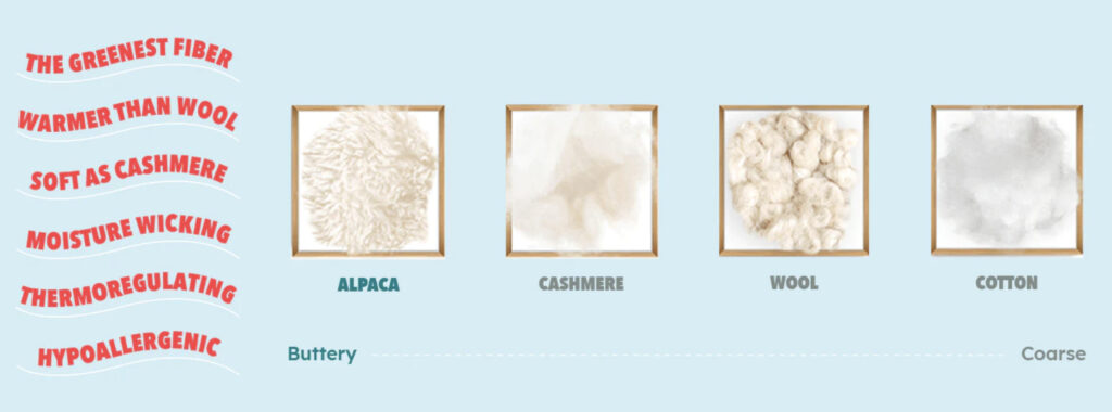 Alpaca fiber guide displaying differences between alpaca, cashmere, wool, and cotton.
