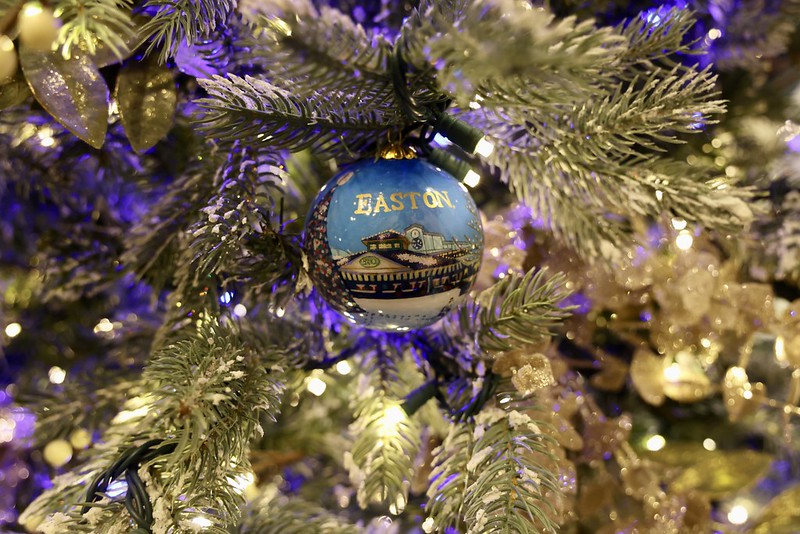 An Easton ornament hanging on a Christmas tree.