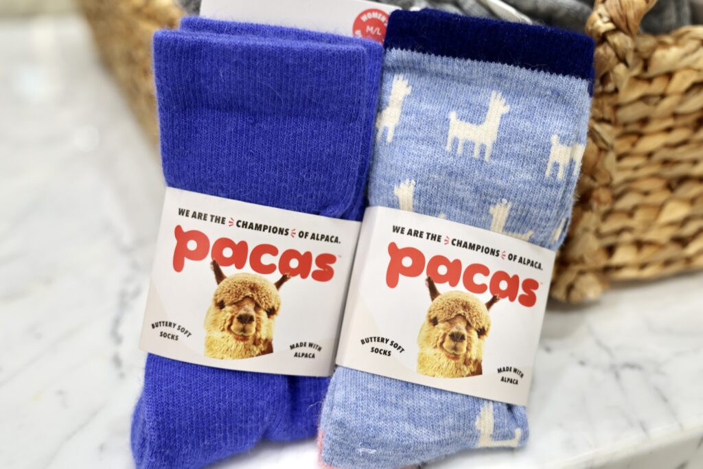 A close-up of socks from Pacas, a clothing store at Easton Town Center.