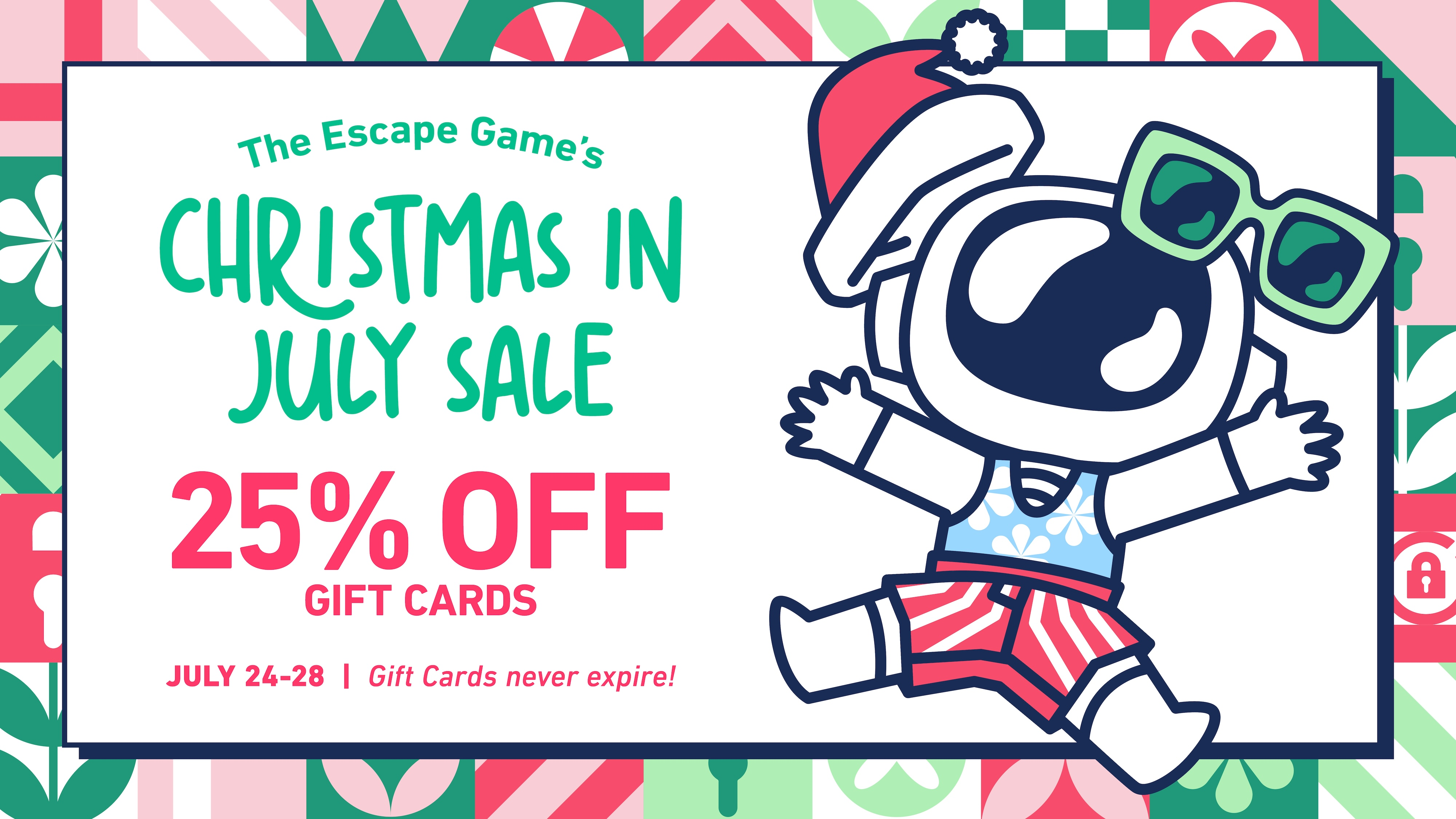 Escape Game Christmas in July 25% off gift cards July 24-28