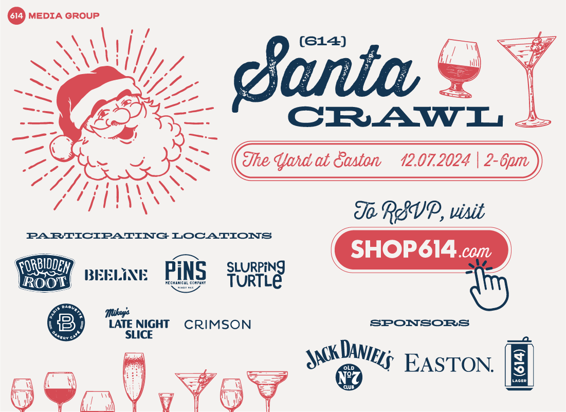 614 Santa Crawl event graphic with participating brand logos for Forbidden Root, Beeline, PiNS, Slurping Turtle, Paris Baguette, Late Night Slice, and CRIMSON.