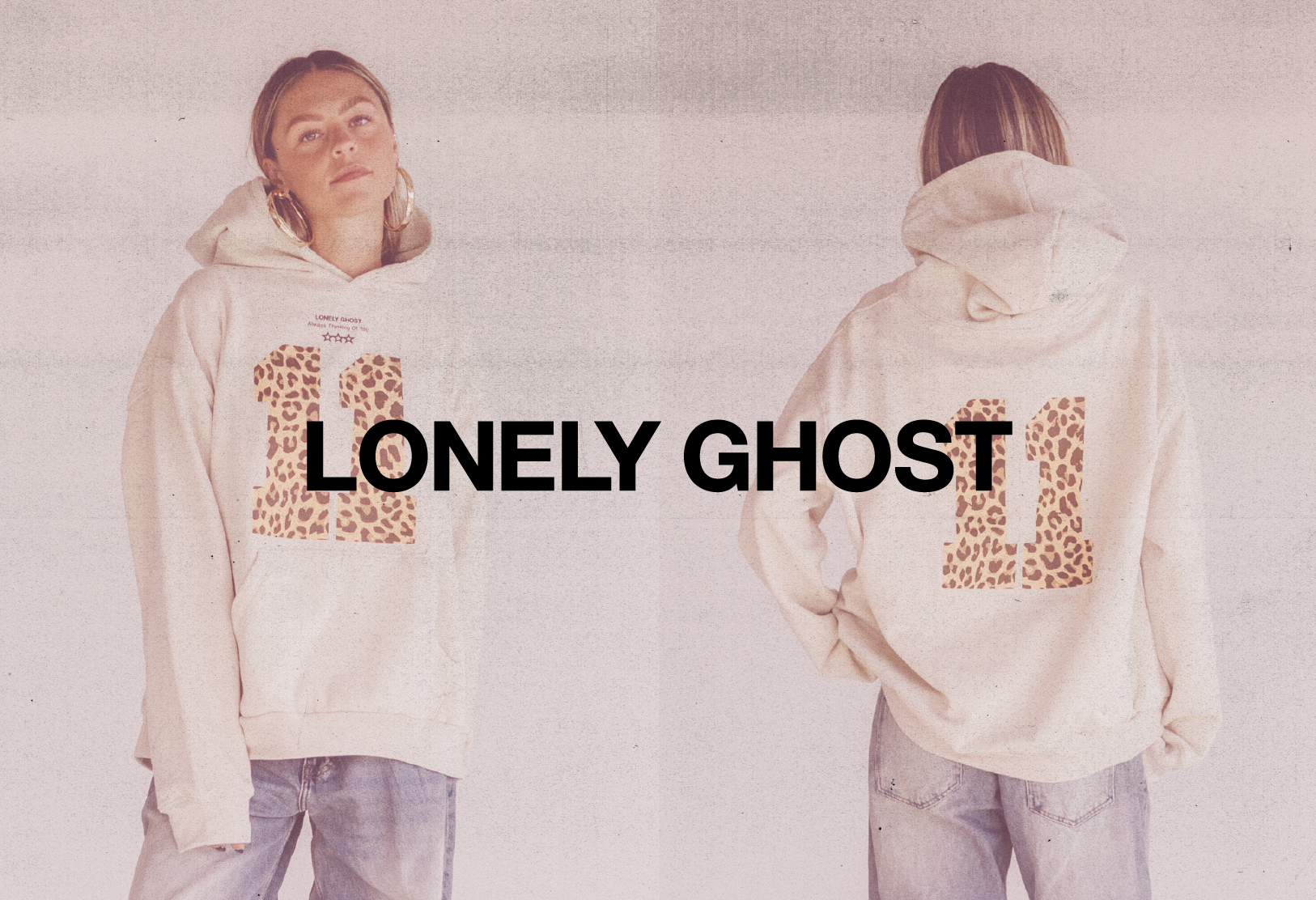 Lonely Ghost logo and a girl wearing a Lonely Ghost brand hoodie.