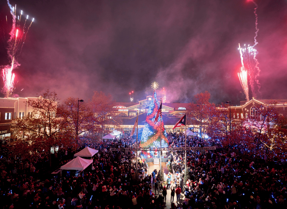 Easton's Grand Illumination event with fireworks and tree lighting.