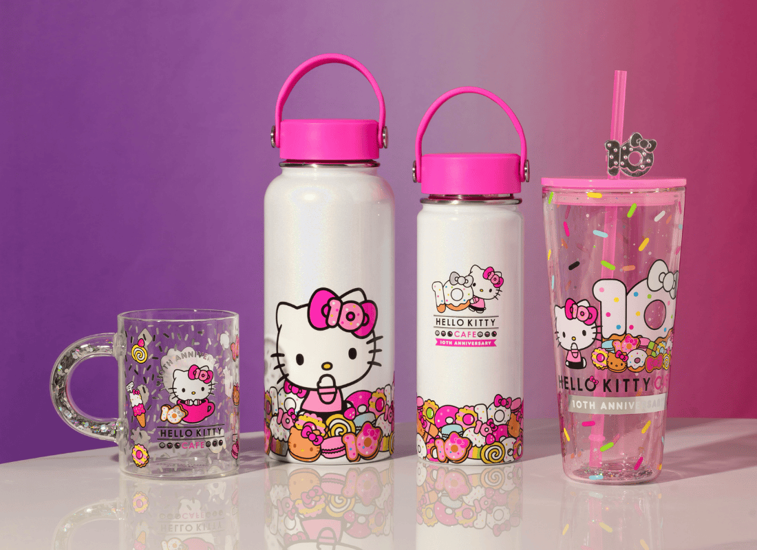 Hello Kitty branded cups and tumblers.
