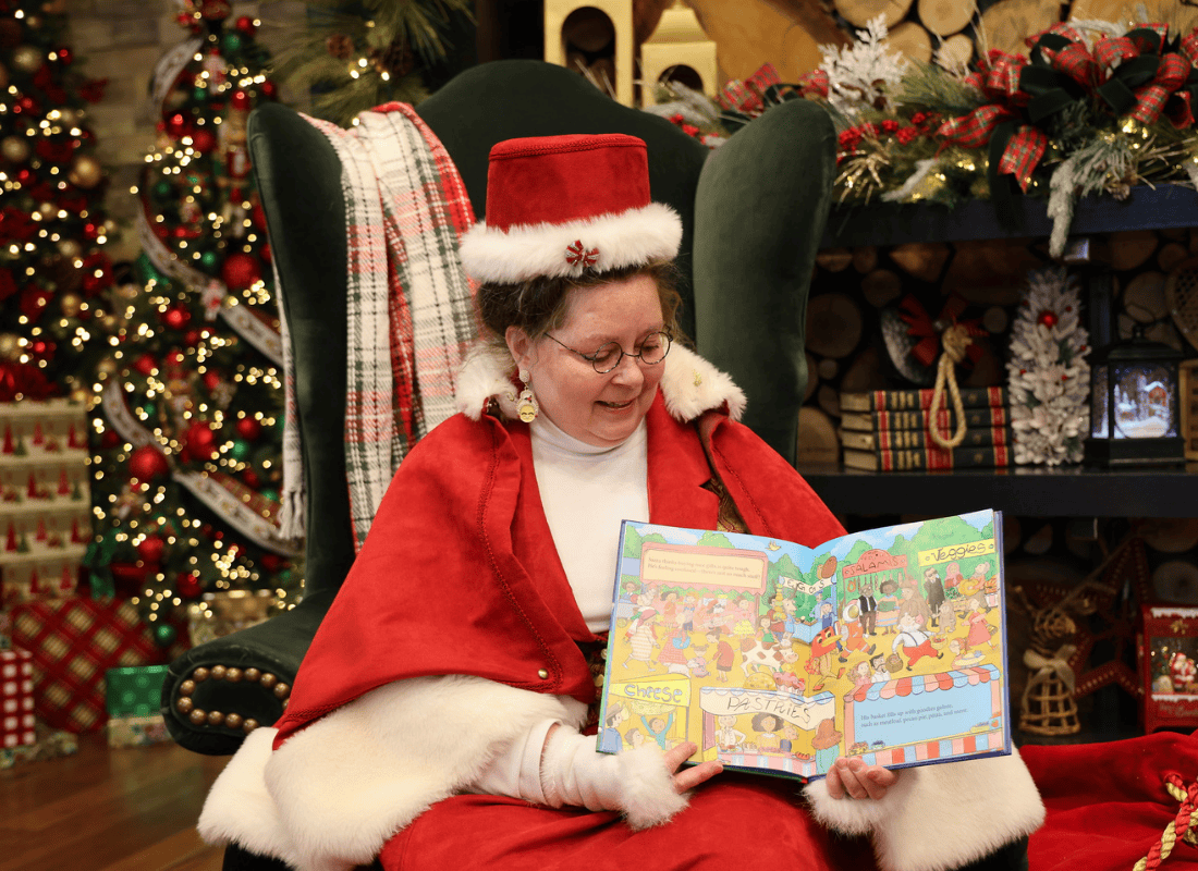 Mrs. Claus reading a book in front of a holiday decor background.