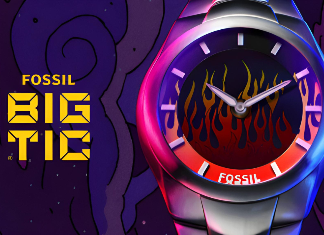 Fossil Big Tic text on the left, silver Fossil brand watch with red and orange flame dial on the right.