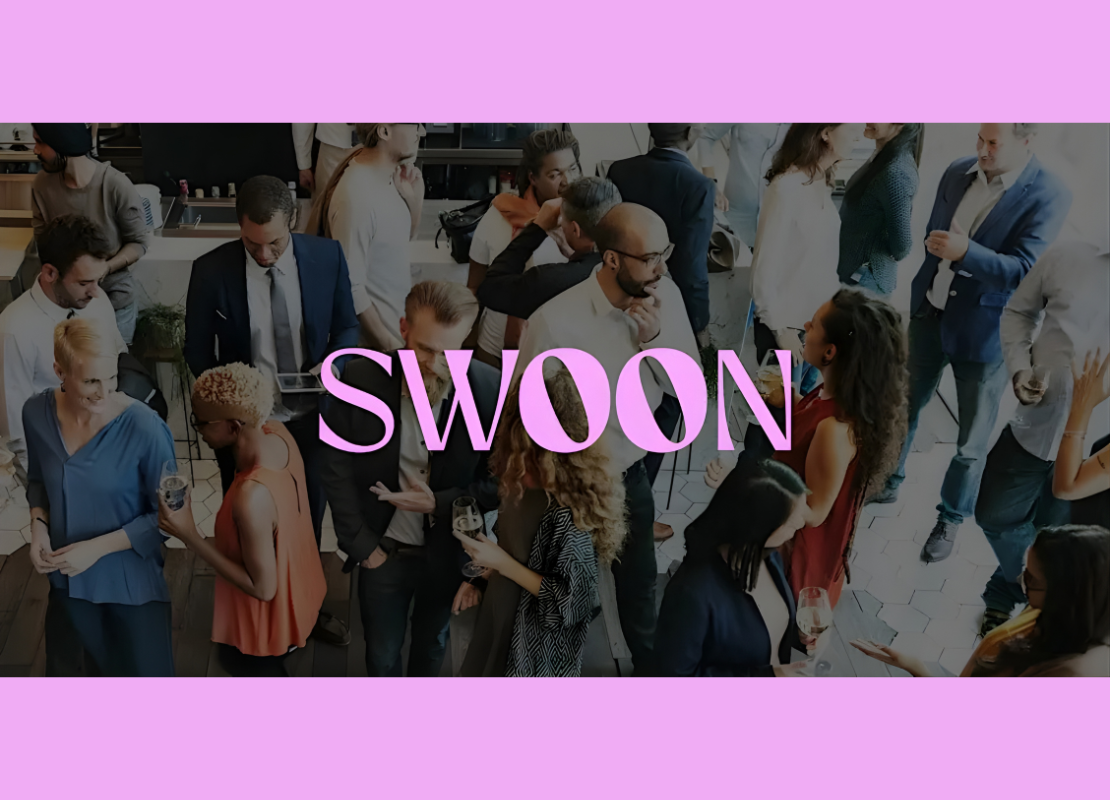 Group of single people conversating with the word Swoon in the middle.