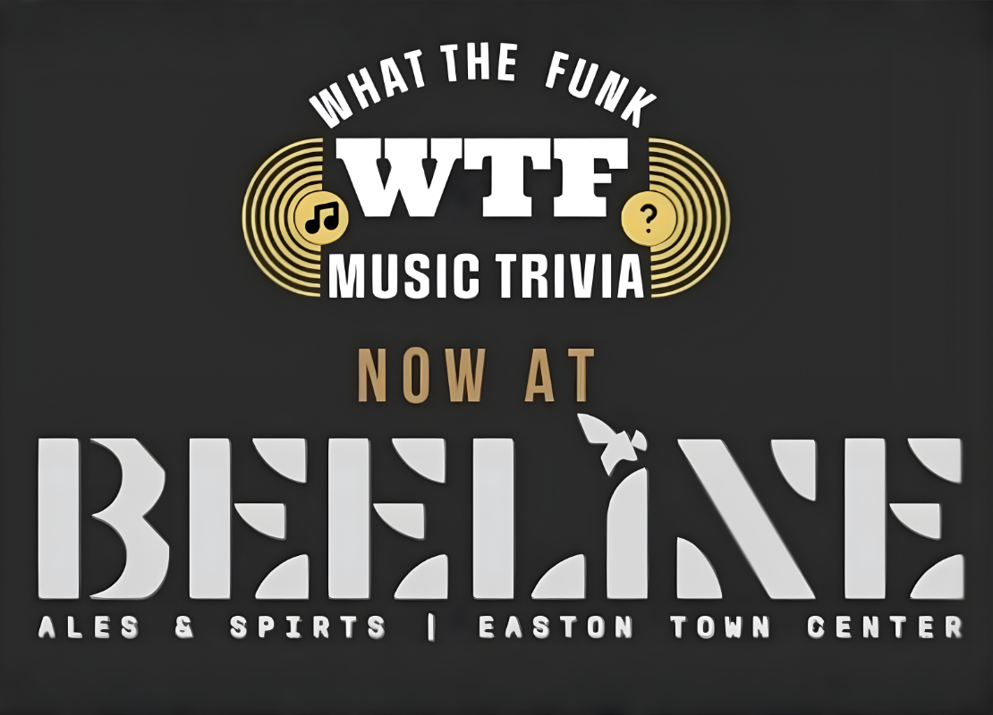 Image with white text and gold accents saying what the funk music trivia now at beeline ales and spirits easton town center