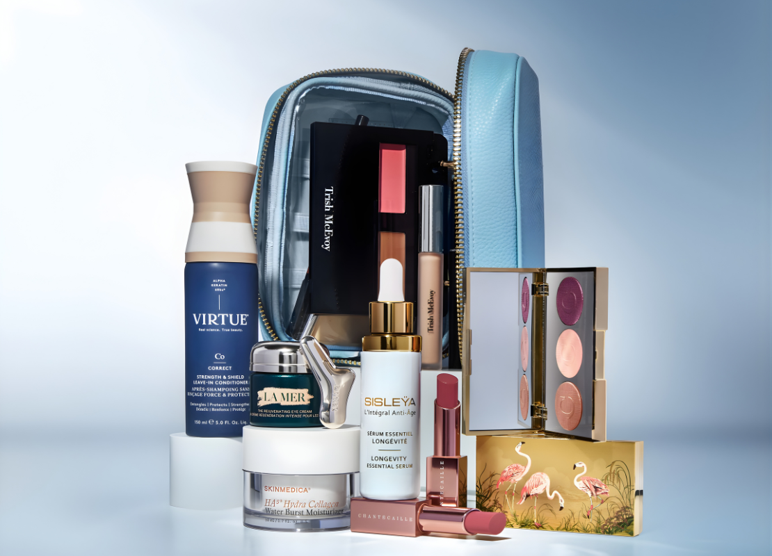Light blue travel bag with beauty makeup samples of various brands such as Trish McEvoy, Lamer, and Virtue.
