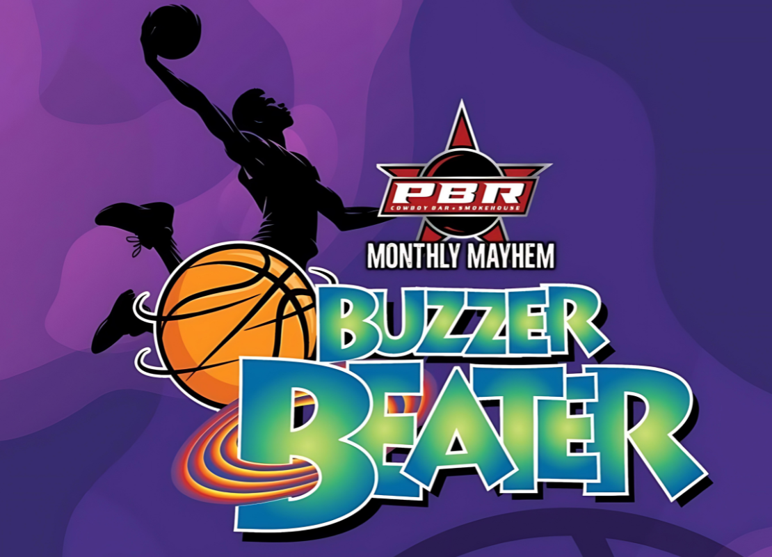 Purple camo background, shadow of a man dunking a basketball, PBR logo with the text monthly mayhem, and the text buzzer beater in a retro space jam inspired font style.