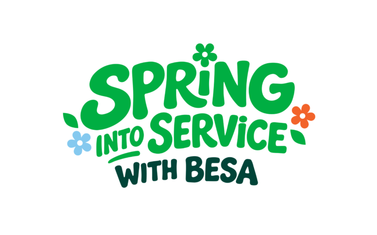 Spring into Service with Besa title written in green font with accents of flowers and leaves