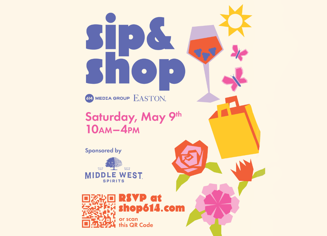 Sip and shop event grahpic with flowers, butterflies, a shopping bag, and a drinking glass.