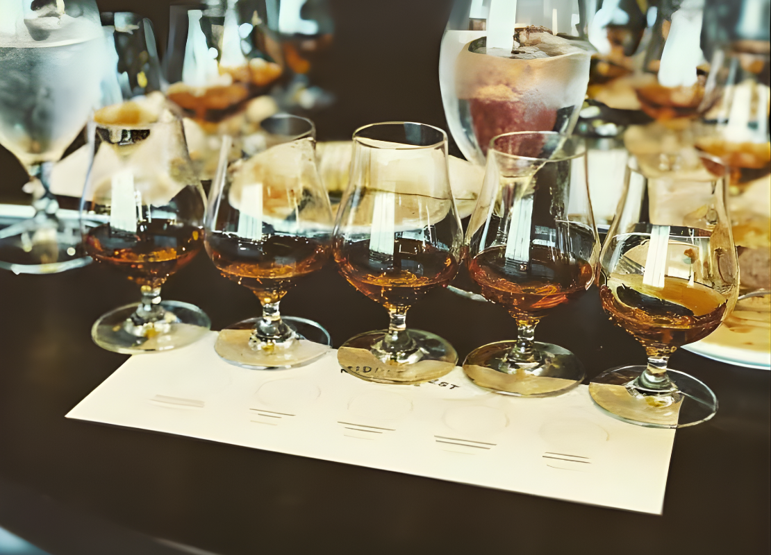 Five glasses of whiskey presented on a table.