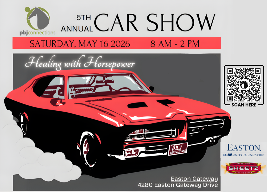 flyer for the PBJ 5th annual car show with event details and a classic red car