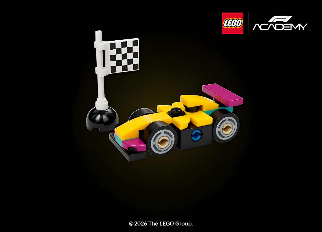 F1 racing car next to a checkered flag made of legos with a blank black background