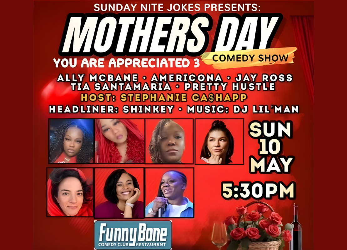 Promotional image for mothers day show at the funny bone comedy club with performing comedians