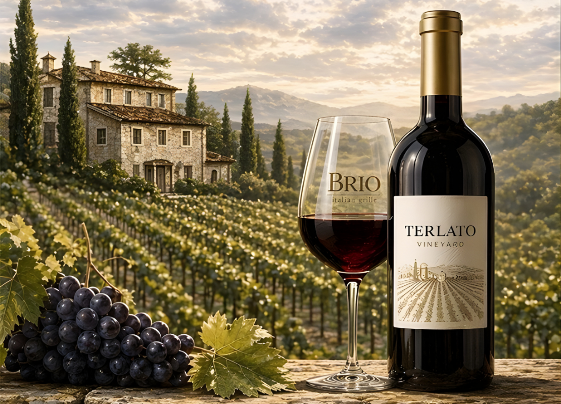 Italian vineyard with grapes, a glass of wine branded Brio and a bottle of wine