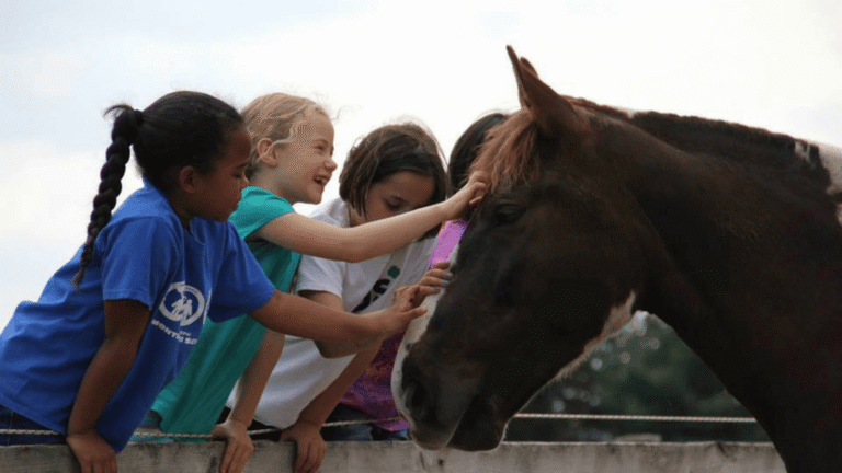 Three young girls petting a horse and smiling.