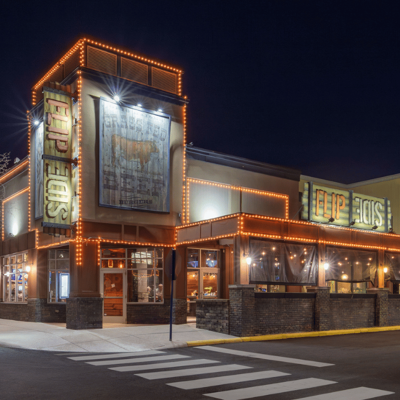 The Flip Side restaurant at night at Easton.