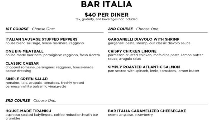 A screenshot of Bar Italia's Restaurant Week Menu